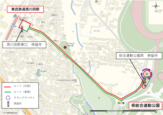 ■＜図1＞自動運転バスの走行ルート（栃木県総合運動公園と東武鉄道西川田駅を結ぶ区間）
